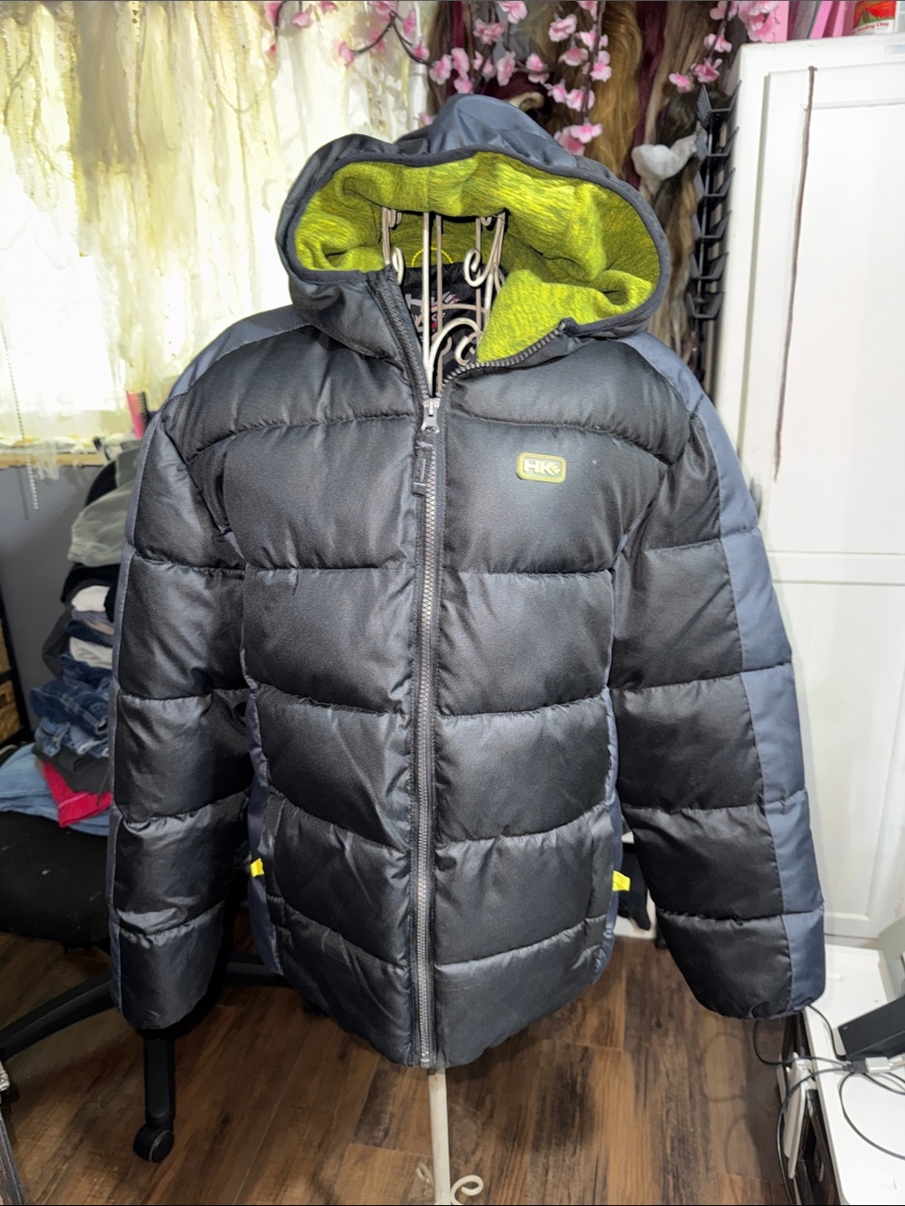 Hawke & Co Black Puffer Jacket with Lime Green Hood Lining